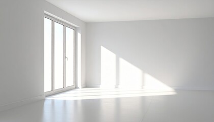 Fototapeta premium Bright and airy minimalist room with sunlight streaming through large windows, highlighting the clean white walls and floor.