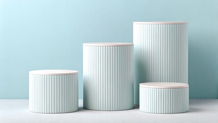 Four white cylindrical objects with pink tops and vertical blue lines against a light blue background