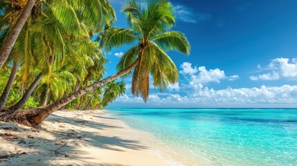 Fototapeta premium Bright sun illuminates a tranquil beach surrounded by lush green palm trees. The clear water sparkles with blue hues, inviting relaxation and enjoyment. White sand stretches along the shoreline.