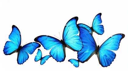 Stunning blue butterflies gracefully flying, highlighting their vibrant color and delicate wings on a clean white backdrop.