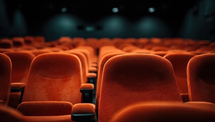 Empty Orange Cinema Seats Under Dim, Atmospheric Lighting
