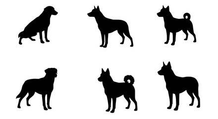 Canine Silhouette Collection: Six unique dog silhouettes, each exuding distinct character, stand in a clean, unified presentation, symbolizing diversity. 