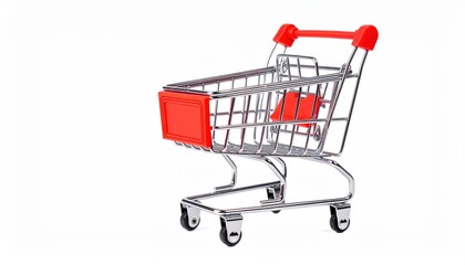 A small shopping cart with red accents, perfect for illustrating retail, e-commerce, and consumerism themes.