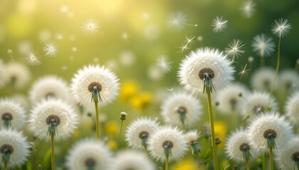 Obraz premium Fluffy white dandelion seed heads in a sunlit meadow with soft focus