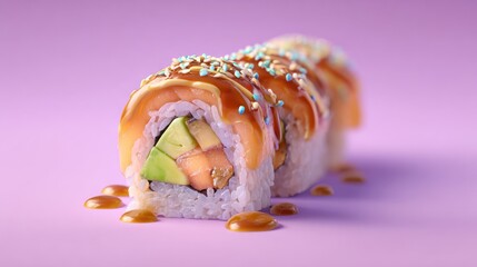 Close-up of vibrant sushi rolls, stacked with avocado and salmon, drizzled with sauce