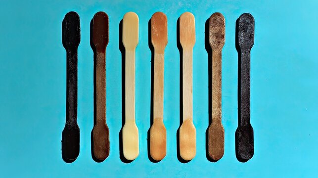 Chocolate popsicle sticks, melting gradient, blue background, dessert concept