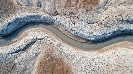 Obraz premium A winding, dried riverbed cuts through cracked earth, revealing patches of brown and gray soil. The bright sun emphasizes the harsh conditions during the dry season in this arid landscape.