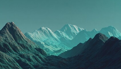 Fototapeta premium Ethereal Teal Mountain Range Under a Hazy Sky, Digital Art Landscape