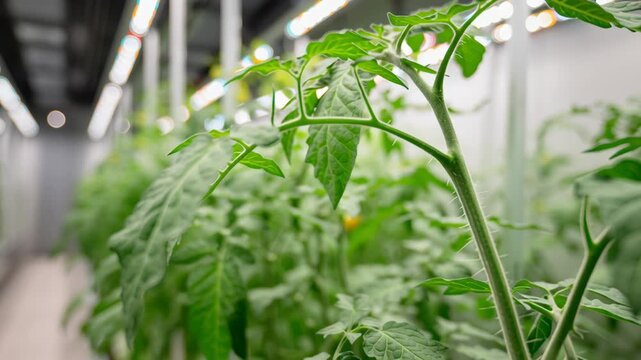 Indoor Agriculture: Close-up of young tomato plants growing in a vertical farm under artificial lights, showcasing sustainable farming practices.