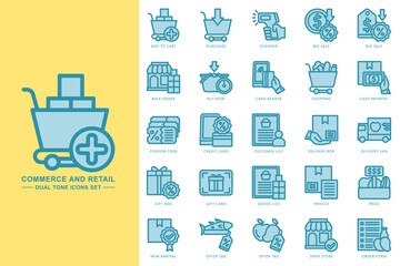 Commerce and retail dual tone icons set. contain add to cart, big sale, cash payment, invoice, history, credit card and more. Vector for modern concept, print, UI, UX kit, web and app development.