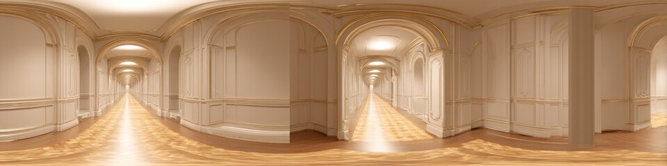 A panoramic view of a long hallway with arched doorways and light colored walls and a wooden floor