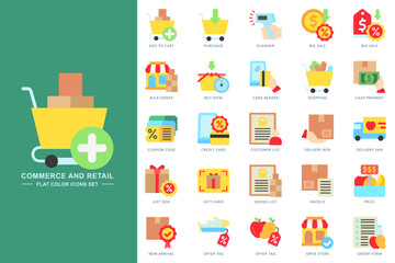 Commerce and retail flat icons set. contain add to cart, big sale, cash payment, invoice, history, price, credit card and more. Vector for modern concept, print, UI, UX kit, web and app development.