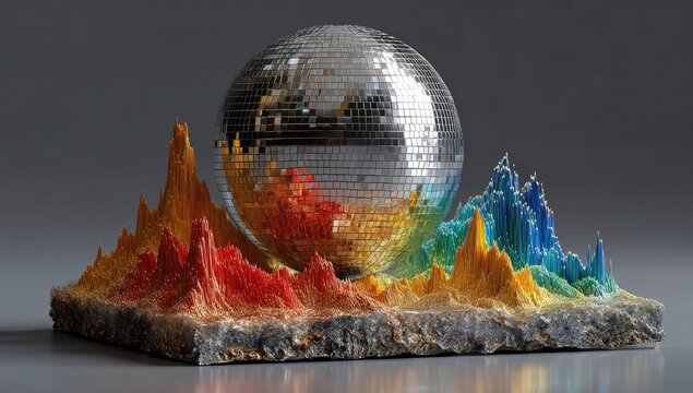 Reflective disco ball atop a colorful, textured landscape