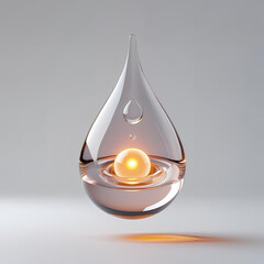 A floating transparent liquid drop in 3D, with glowing core, soft reflections, floating in empty white space, concept sci-fi object for design
