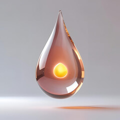 A floating transparent liquid drop in 3D, with glowing core, soft reflections, floating in empty white space, concept sci-fi object for design
