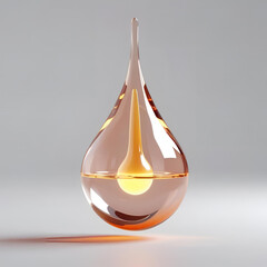 A floating transparent liquid drop in 3D, with glowing core, soft reflections, floating in empty white space, concept sci-fi object for design
