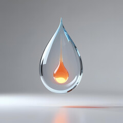 A floating transparent liquid drop in 3D, with glowing core, soft reflections, floating in empty white space, concept sci-fi object for design
