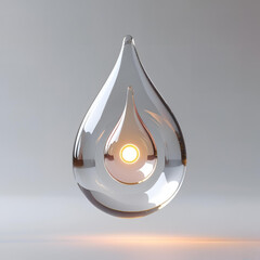 A floating transparent liquid drop in 3D, with glowing core, soft reflections, floating in empty white space, concept sci-fi object for design
