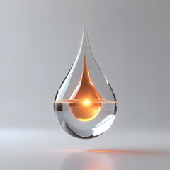 A floating transparent liquid drop in 3D, with glowing core, soft reflections, floating in empty white space, concept sci-fi object for design
