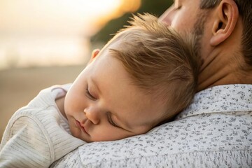 Tender Moment Between Father and Sleeping Baby at Sunset