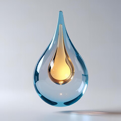 A floating transparent liquid drop in 3D, with glowing core, soft reflections, floating in empty white space, concept sci-fi object for design
