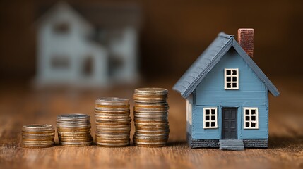 Saving Money for a House Concept with Coin Stack and Model Home