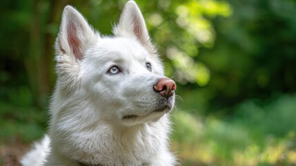 Obraz premium A white Siberian husky sits peacefully among vibrant greenery, gazing upward. Its striking blue eyes and fluffy coat make it a captivating presence in the serene forest setting.