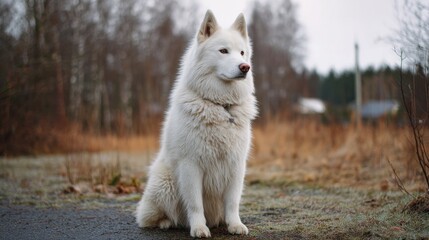 Obraz premium A fluffy white Samoyed dog sits alert on a narrow path during a misty morning. The dog gazes into the distance, with trees and houses visible in the background.
