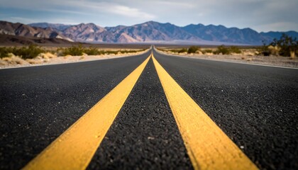 Fototapeta premium Open Road to Mountains Asphalt highway with yellow lines and scenic desert landscape.