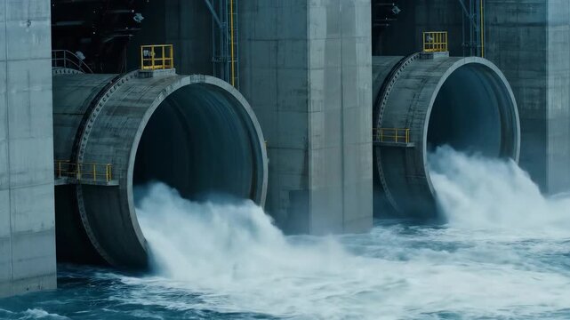 Powerful water flows through massive concrete tunnels of a hydroelectric dam, showcasing industrial might and renewable energy production in action.
