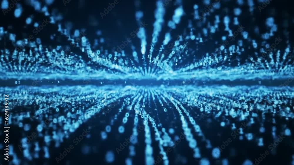 Wall mural blue binary code streams toward a center point set against a dark background