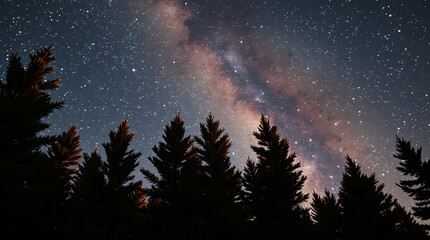 Fototapeta premium Spectacular Milky Way core glowing vibrantly over the dark silhouettes of tall pine trees under a starlit sky in wilderness
