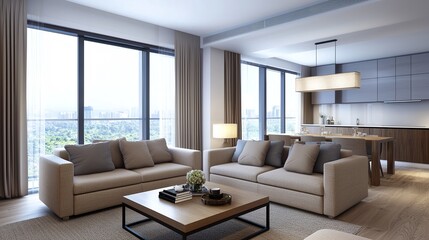 Fototapeta premium Modern living room with beige sofas, large windows, and a minimalist wooden coffee table in an open-plan apartment with a kitchen in the background.