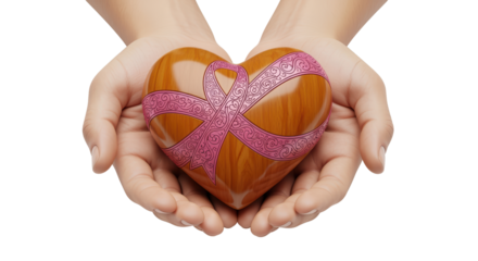 Hands Holding Wooden Heart with Pink Ribbon for Breast Cancer Awareness