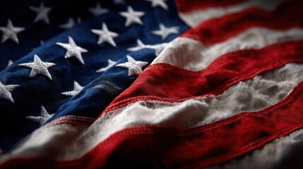 The vibrant colors of the American flag ripple gently in the breeze under a clear blue sky, symbolizing patriotism and unity. The texture and details of the fabric stand out beautifully.