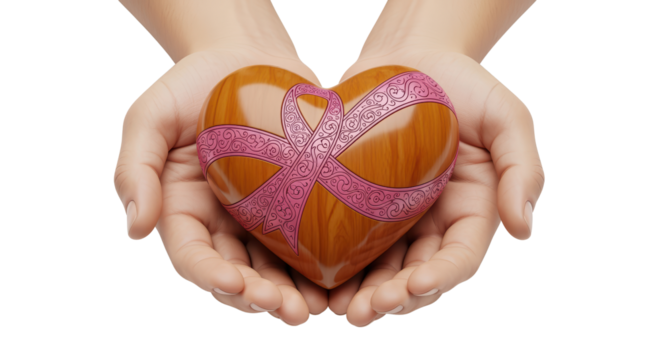 Hands Holding Wooden Heart with Pink Ribbon for Breast Cancer Awareness