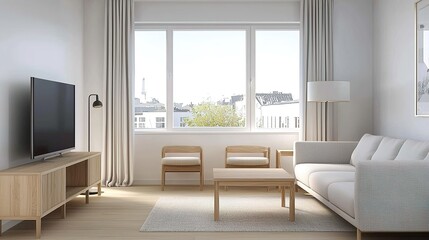 Fototapeta premium A modern, minimalist living room with natural light, featuring a gray sofa, wooden furniture, and large windows overlooking a cityscape.