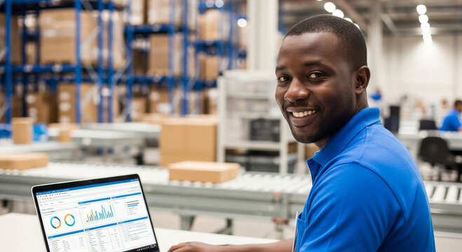 Smiling warehouse worker using laptop with inventory management software.  Efficient logistics, data analysis, and modern technology in a busy distribution center. Happy employee working with digital
