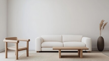 Fototapeta premium A minimalist living room featuring a beige sofa, wooden armchair, rectangular coffee table, neutral rug, and a tall vase with pampas grass against a plain wall.