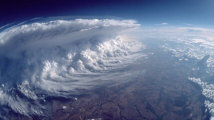 Aerial view of earth with storm clouds and mountain ranges covered in snow under a blue sky