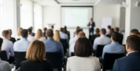Obraz premium Audience listens to a speaker presenting on a screen in a bright room.