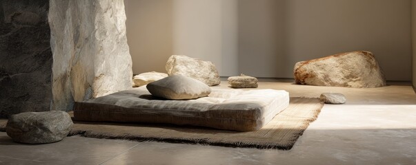 A minimalist arrangement of stones and a cushion on a mat in a softly lit interior space view