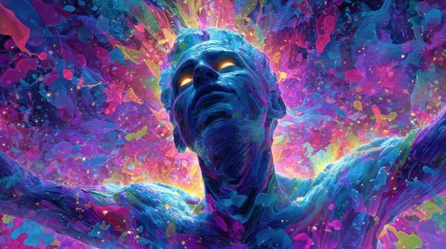 A vibrant digital painting of a human figure with glowing eyes immersed in colorful explosion