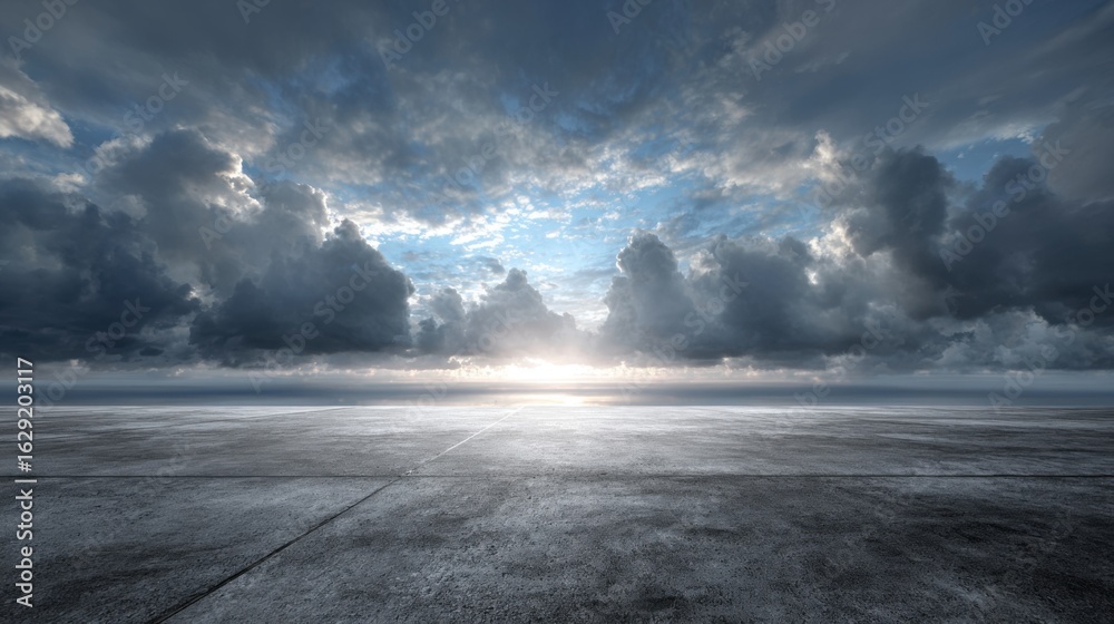 Wall mural an expansive view of a cloudy sky is illuminated by a bright horizon at dusk. the smooth surface bel
