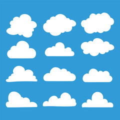 Cartoon White Cloud Icons, Flat Weather Clipart, Puffy Cloud Silhouette Set on Blue Background