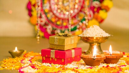 Naklejka premium Diwali celebration: A golden gift box stacked on a red box, rice in a brass bowl, and lit diya lamps on a colorful flower rangoli.