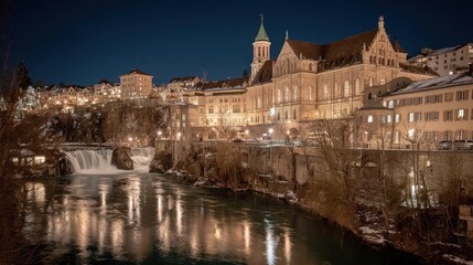 Obraz premium Night view of a European city with a river and waterfalls