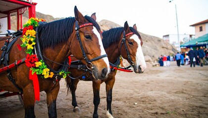 Obraz premium Two harnessed brown horses with festive floral decorations wait to pull a tourist carriage.