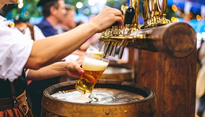 Bartender pouring beer from tap into glass at outdoor festival.