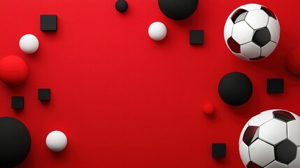 Two classic black and white soccer balls among various black, white, and red spheres and cubes on a vibrant red background.